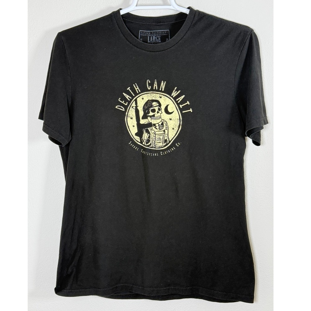 Savage Tacticians T-Shirt Mens L Death Can Wait Skull Marine Corps USMC Black